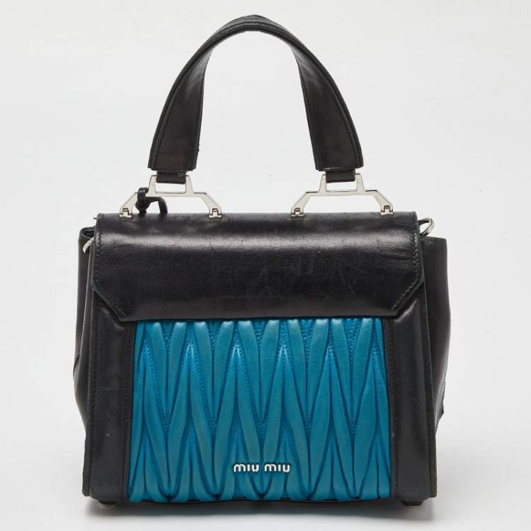 Pre Owned Miu Miu Black/Blue Matelasse Leather Top Handle Bag