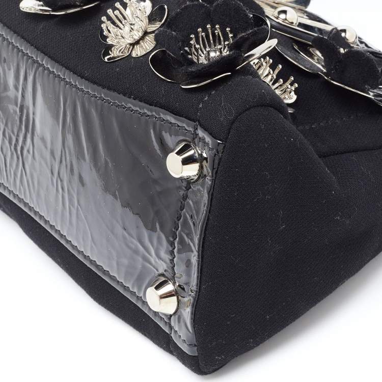 Pre Owned Miu Miu Black Canvas and Patent Leather Flower Embellished Satchel