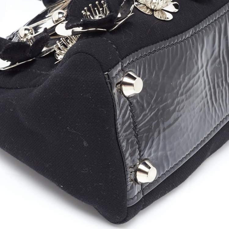 Pre Owned Miu Miu Black Canvas and Patent Leather Flower Embellished Satchel