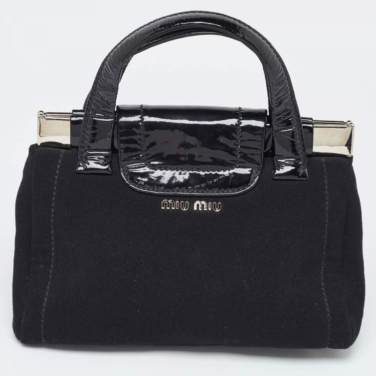 Pre Owned Miu Miu Black Canvas and Patent Leather Flower Embellished Satchel
