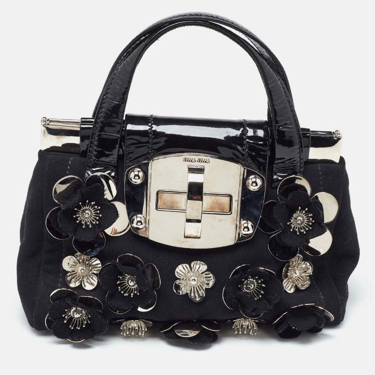 Pre Owned Miu Miu Black Canvas and Patent Leather Flower Embellished Satchel