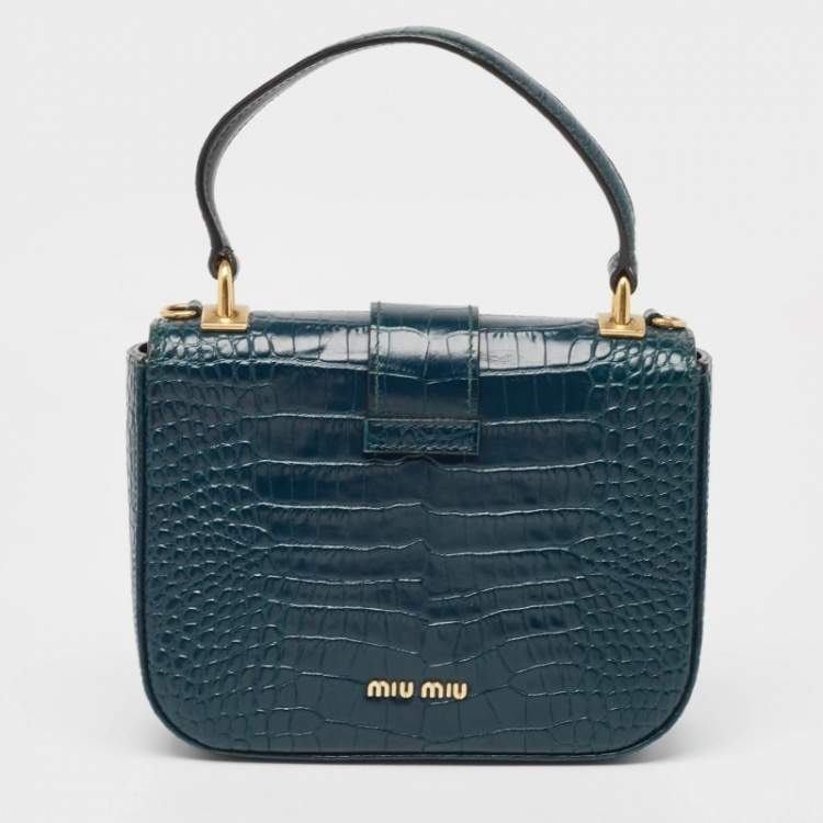 Pre Owned Miu Miu Teal Croc Embossed Leather Pushlock Flap Top Handle Bag