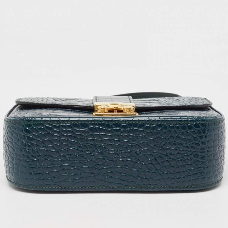 Pre Owned Miu Miu Teal Croc Embossed Leather Pushlock Flap Top Handle Bag