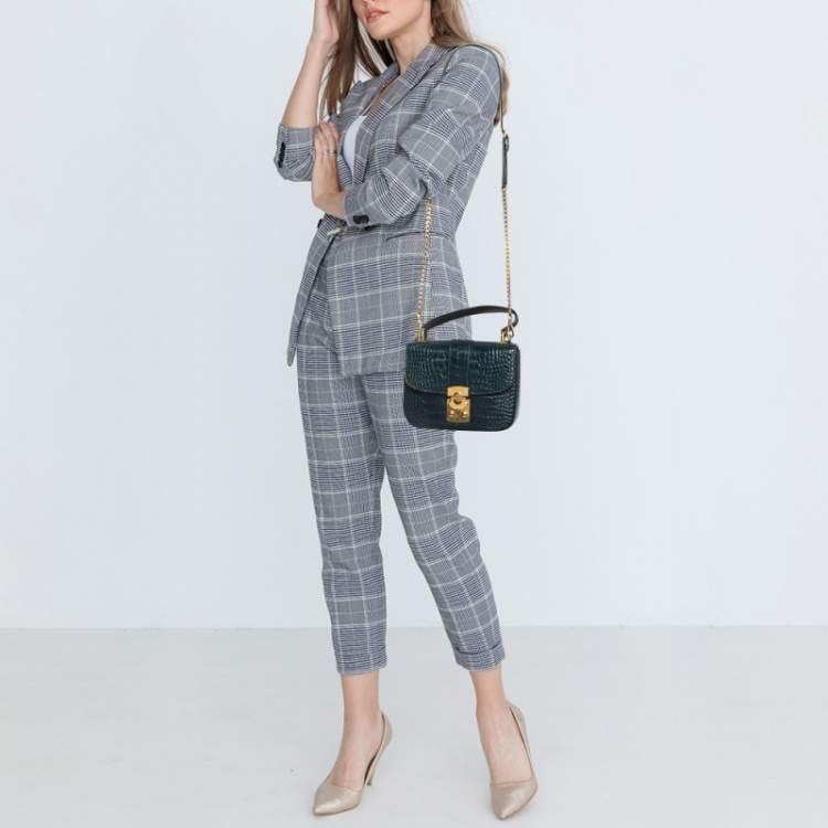 Pre Owned Miu Miu Teal Croc Embossed Leather Pushlock Flap Top Handle Bag