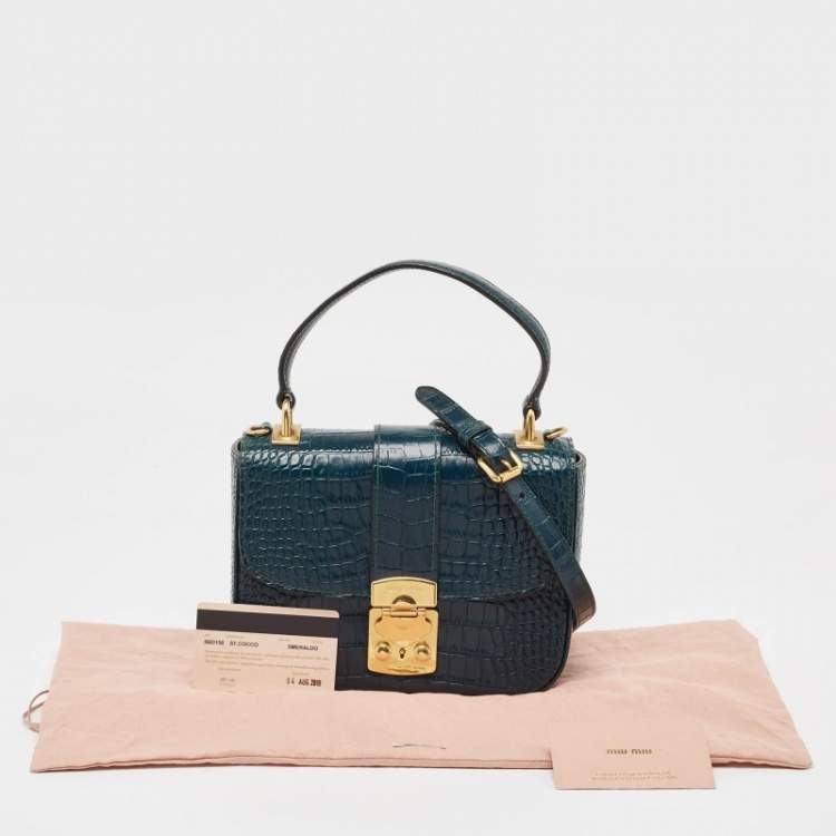 Pre Owned Miu Miu Teal Croc Embossed Leather Pushlock Flap Top Handle Bag