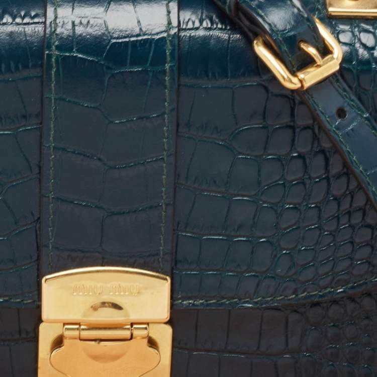 Pre Owned Miu Miu Teal Croc Embossed Leather Pushlock Flap Top Handle Bag