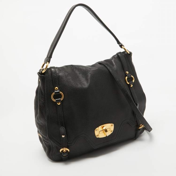 Pre Owned Miu Miu Black Leather Cervo Flap Hobo