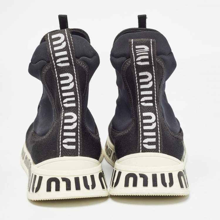 مملوكة مسبقًا Miu Miu Black Knit Fabric High Top Sneakers Size 38