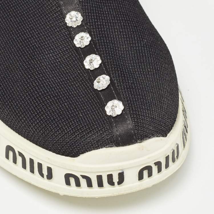 مملوكة مسبقًا Miu Miu Black Knit Fabric High Top Sneakers Size 38