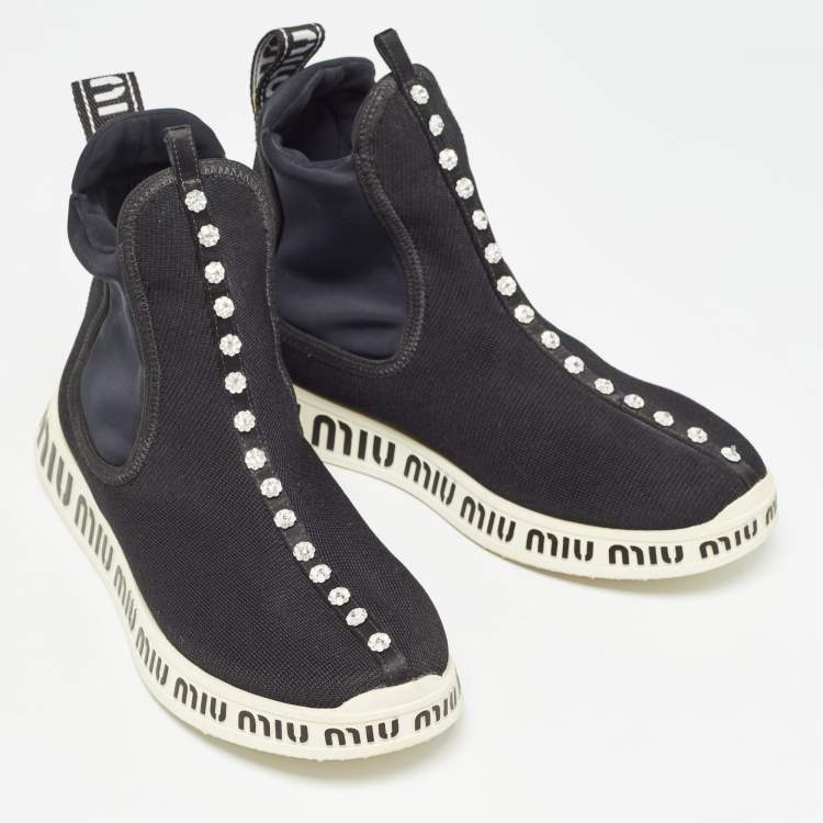 مملوكة مسبقًا Miu Miu Black Knit Fabric High Top Sneakers Size 38
