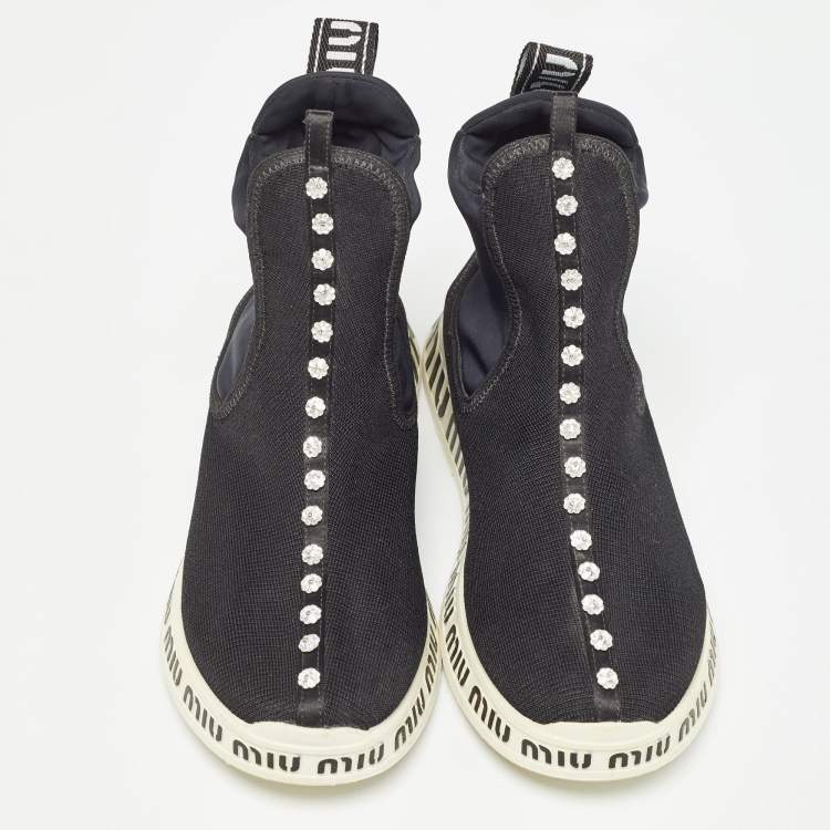 مملوكة مسبقًا Miu Miu Black Knit Fabric High Top Sneakers Size 38