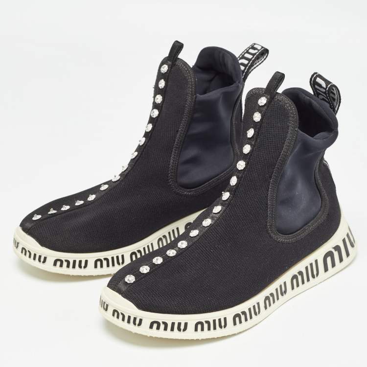 مملوكة مسبقًا Miu Miu Black Knit Fabric High Top Sneakers Size 38