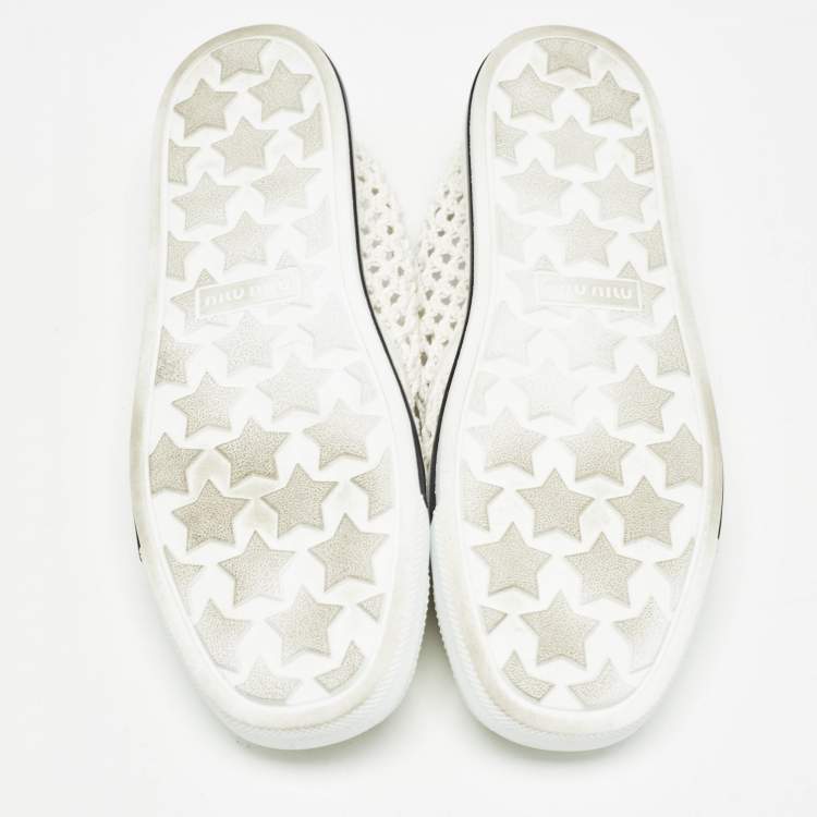 Pre Owned Miu Miu White Knit Fabric Lace Up Sneakers Size 39.5