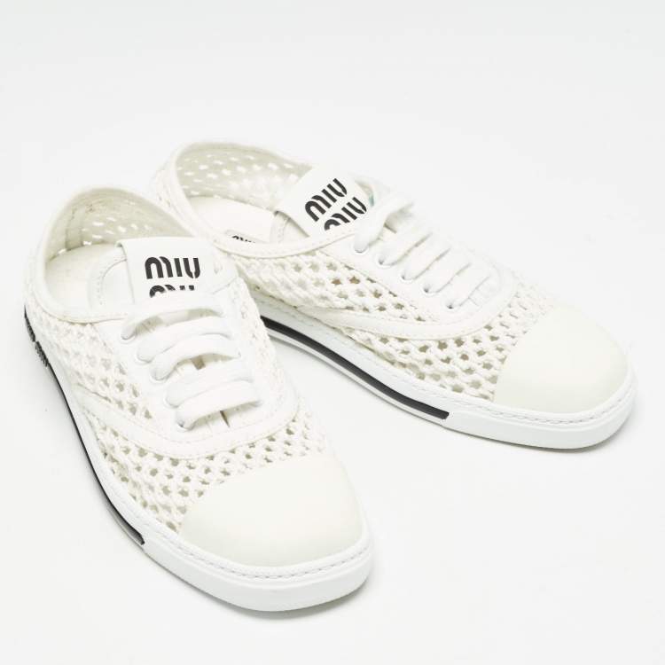 Pre Owned Miu Miu White Knit Fabric Lace Up Sneakers Size 39.5
