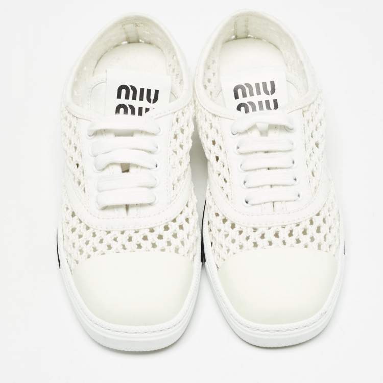 Pre Owned Miu Miu White Knit Fabric Lace Up Sneakers Size 39.5