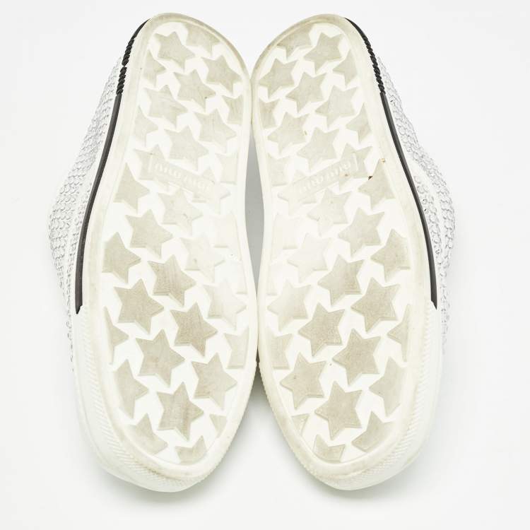 Pre Owned Miu Miu White Canvas Crystal-studded Gabardine Cotton Sneakers Size 40