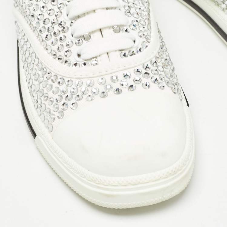 Pre Owned Miu Miu White Canvas Crystal-studded Gabardine Cotton Sneakers Size 40