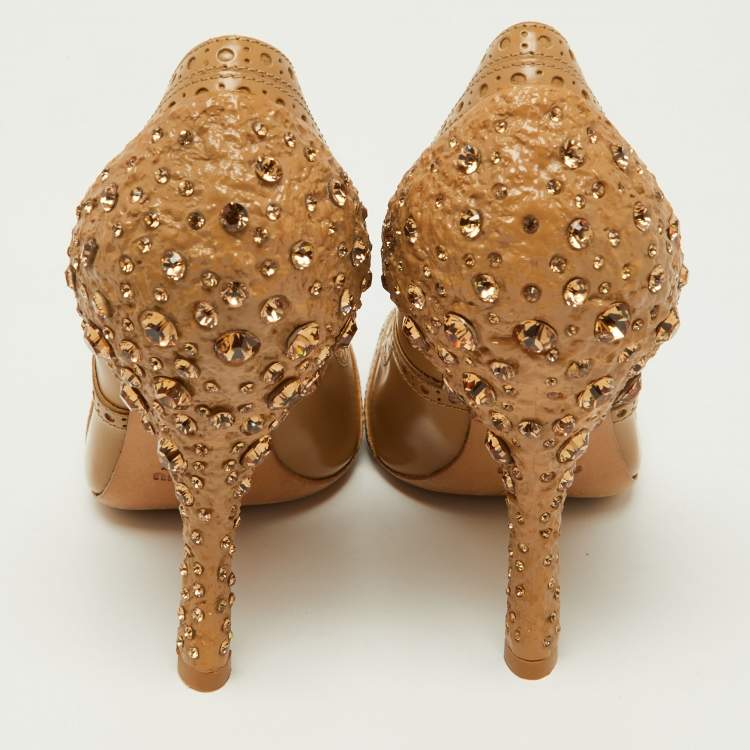 Pre Owned Miu Miu Beige Brogue Patent Leather Crystal Embellished Round Toe Pumps Size 38