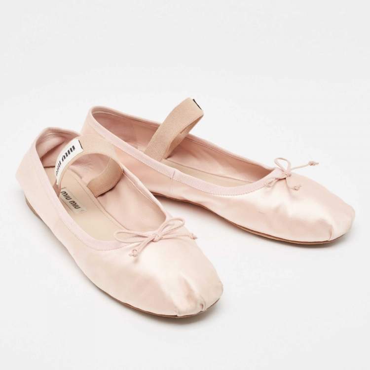 Pre Owned Miu Miu Pink Satin Bow Ballet Flats Size 39.5