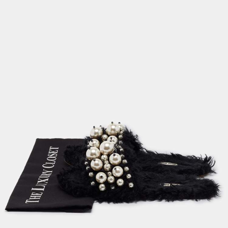 Pre Owned Miu Miu Black Fur Pearl Embellished Flat Slides Size 40