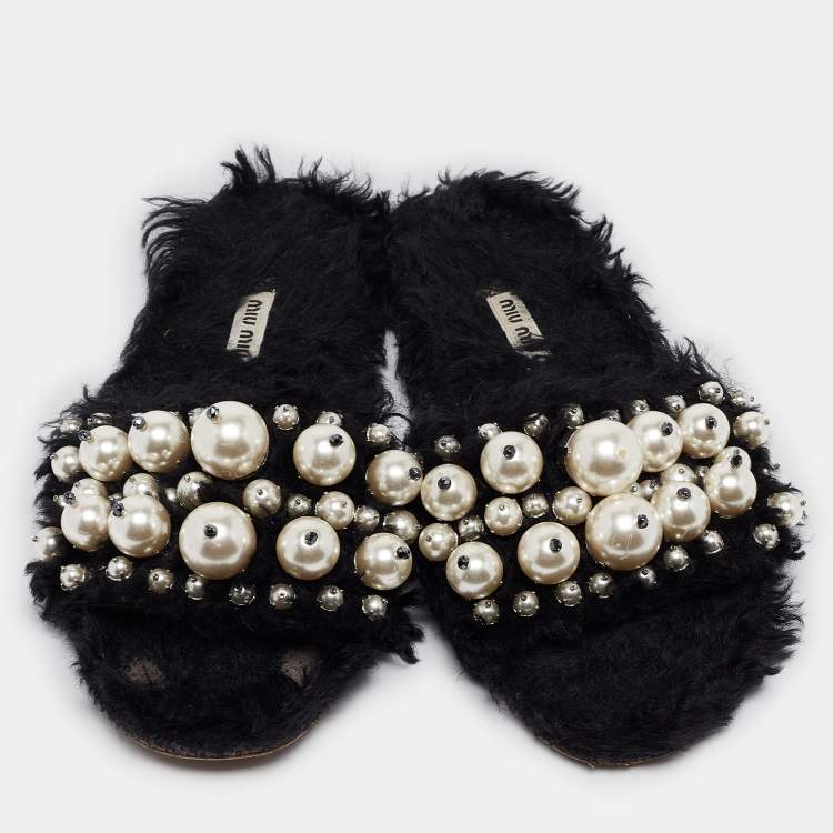 Pre Owned Miu Miu Black Fur Pearl Embellished Flat Slides Size 40