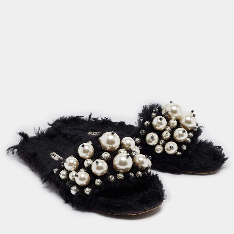 Pre Owned Miu Miu Black Fur Pearl Embellished Flat Slides Size 40