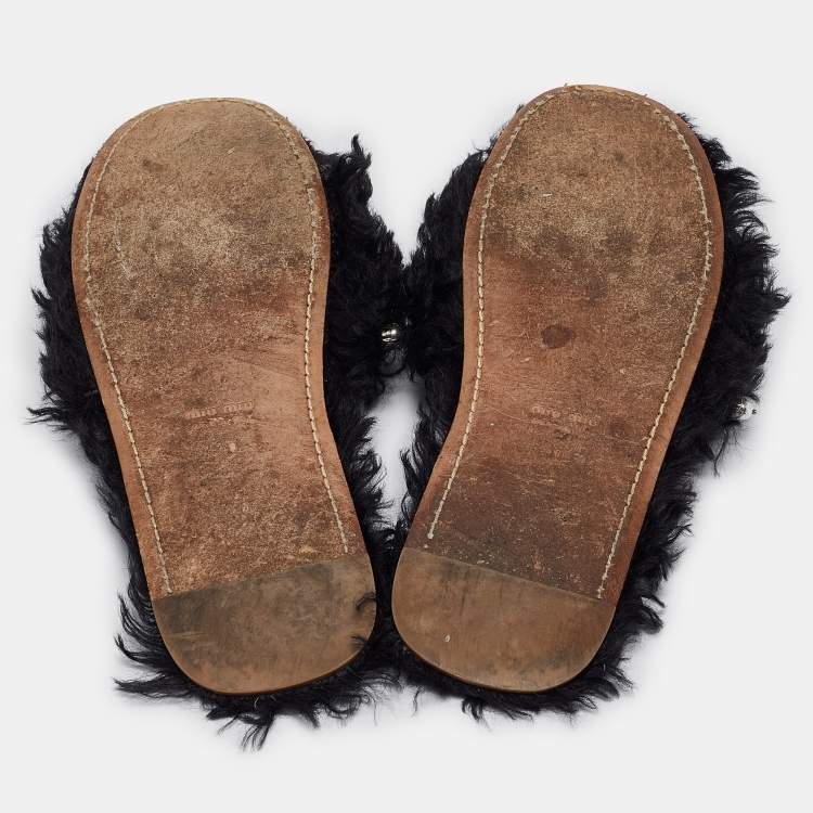 Pre Owned Miu Miu Black Fur Pearl Embellished Flat Slides Size 40