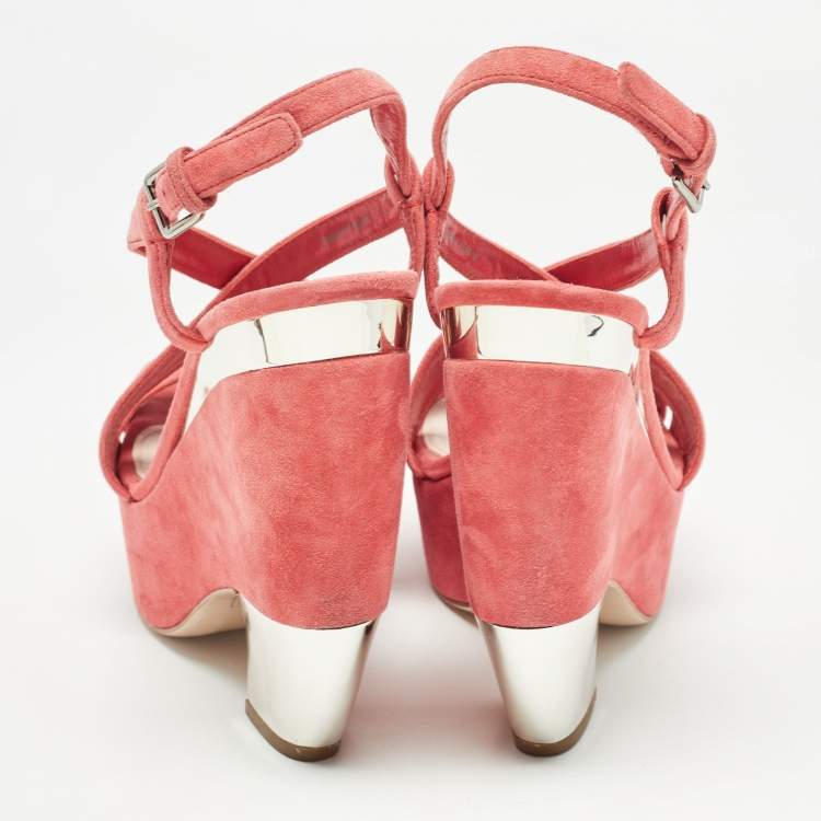 Pre Owned Miu Miu Pink Suede Platform Slingback Sandals Size 38
