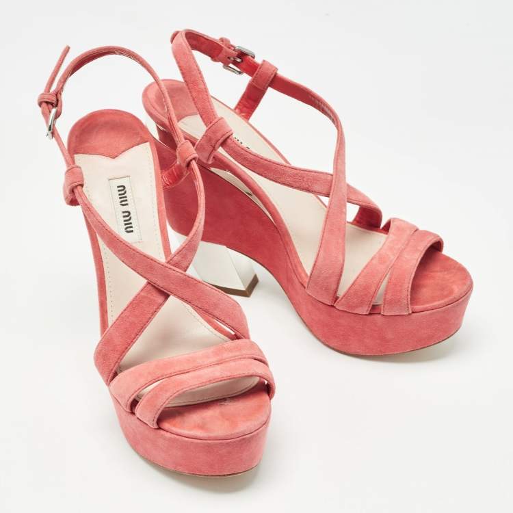 Pre Owned Miu Miu Pink Suede Platform Slingback Sandals Size 38