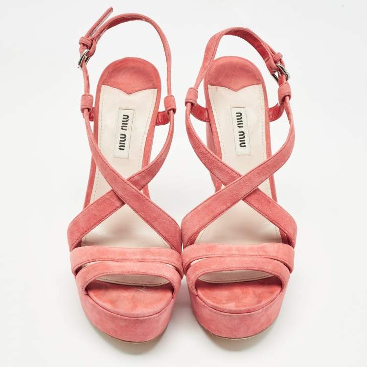 Pre Owned Miu Miu Pink Suede Platform Slingback Sandals Size 38