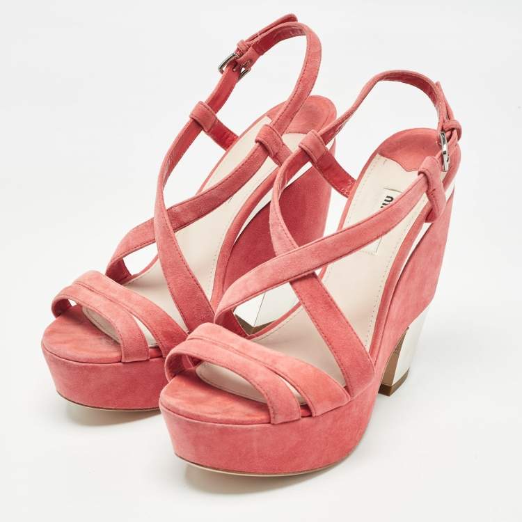 Pre Owned Miu Miu Pink Suede Platform Slingback Sandals Size 38
