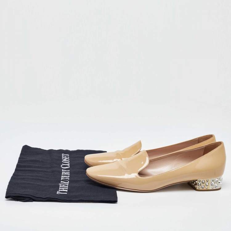 Pre Owned Miu Miu Beige Patent Leather Crystal Embellished Smoking Slippers Size 40.5