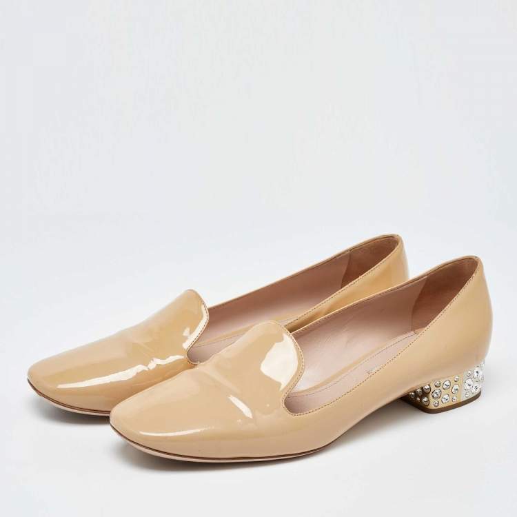 Pre Owned Miu Miu Beige Patent Leather Crystal Embellished Smoking Slippers Size 40.5