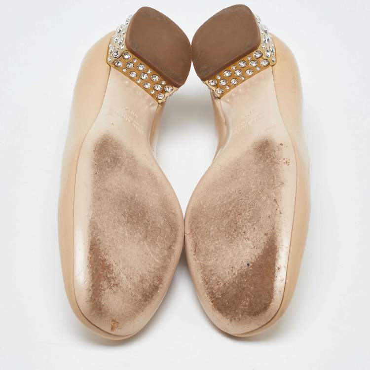 Pre Owned Miu Miu Beige Patent Leather Crystal Embellished Smoking Slippers Size 40.5