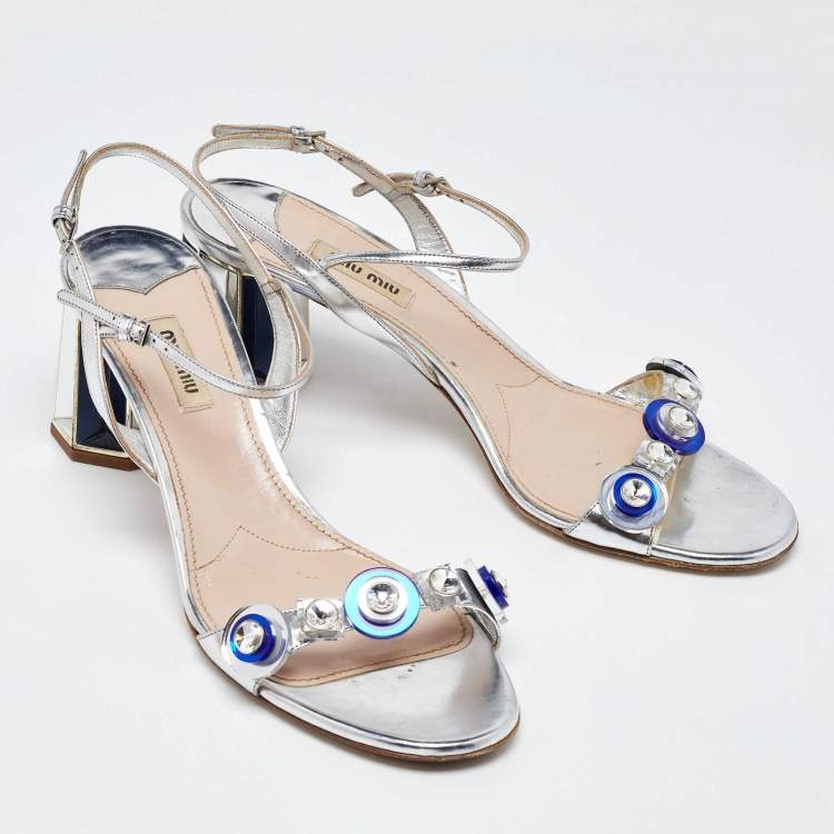 Pre Owned Miu Miu Metallic Silver Patent Leather Crystal Embellished Block Heel Ankle Strap Sandals Size 41