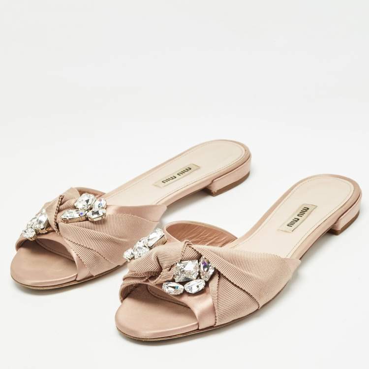 Pre Owned Miu Miu Beige Satin Crystal Embellished Flat Slides Size 38.5    