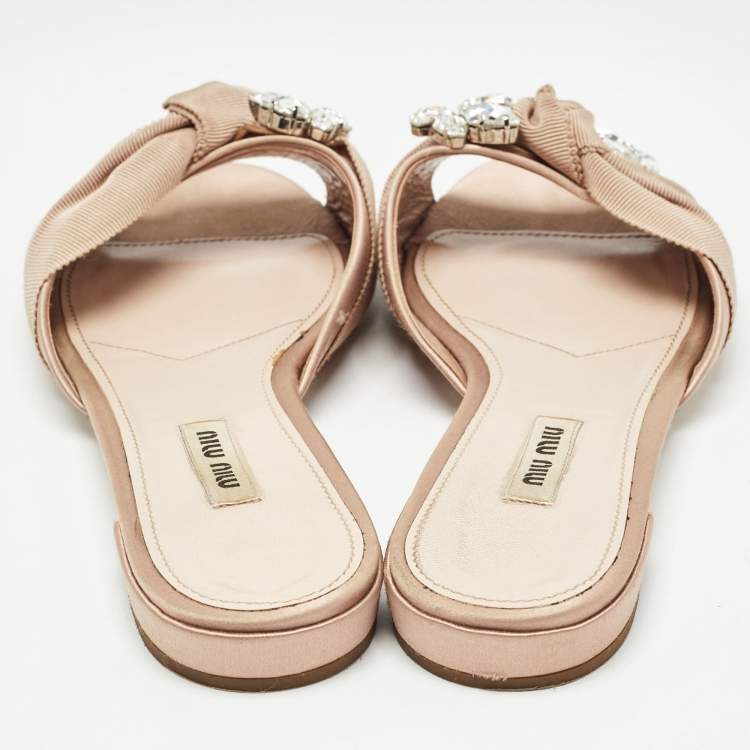 Pre Owned Miu Miu Beige Satin Crystal Embellished Flat Slides Size 38.5    