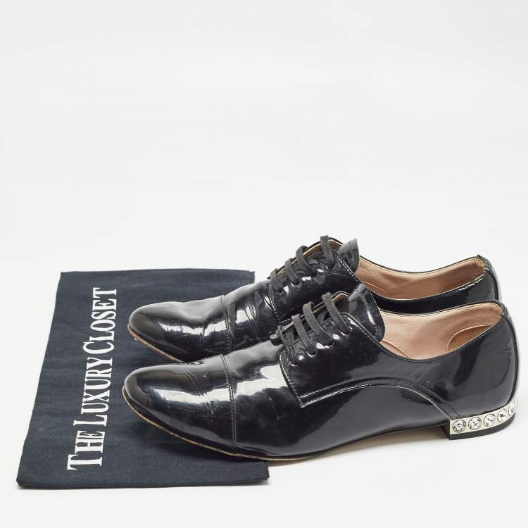 Pre Owned Miu Miu Black Patent Leather Crystal Embellished Lace Up Derby Size 38