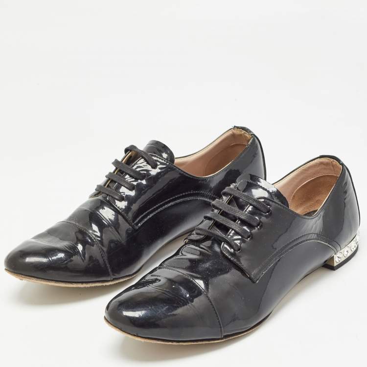 Pre Owned Miu Miu Black Patent Leather Crystal Embellished Lace Up Derby Size 38
