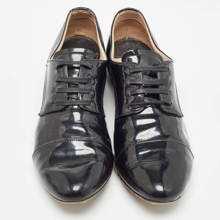 Pre Owned Miu Miu Black Patent Leather Crystal Embellished Lace Up Derby Size 38