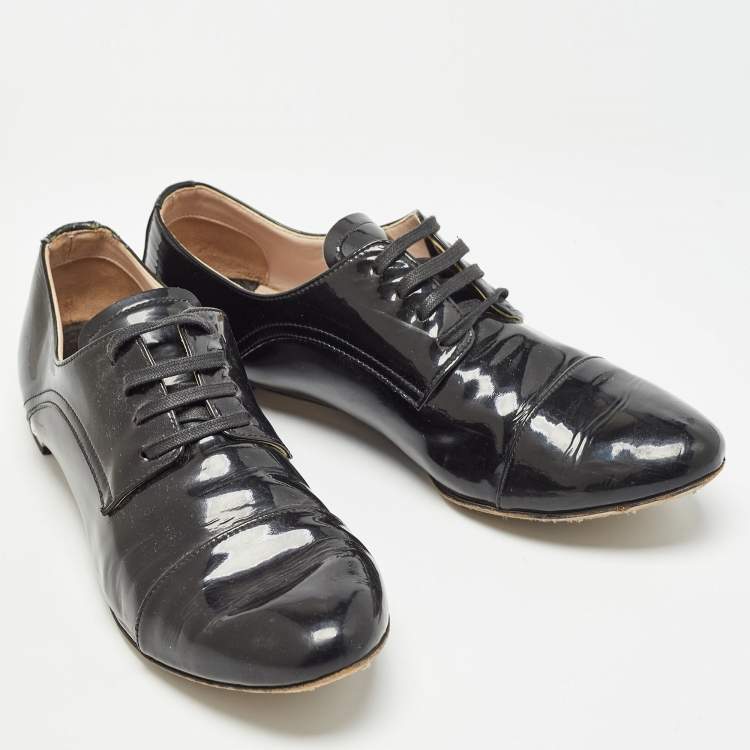 Pre Owned Miu Miu Black Patent Leather Crystal Embellished Lace Up Derby Size 38