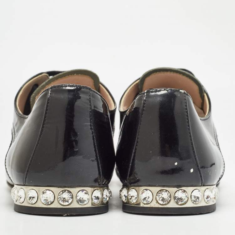 Pre Owned Miu Miu Black Patent Leather Crystal Embellished Lace Up Derby Size 38