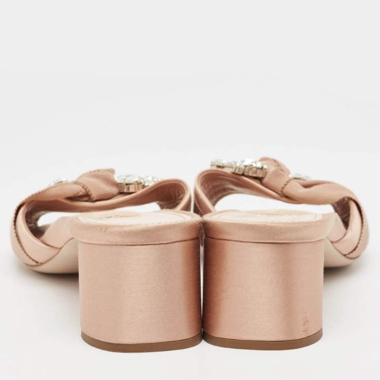 Pre Owned Miu Miu Beige Satin and Canvas Slide Sandals Size 40.5