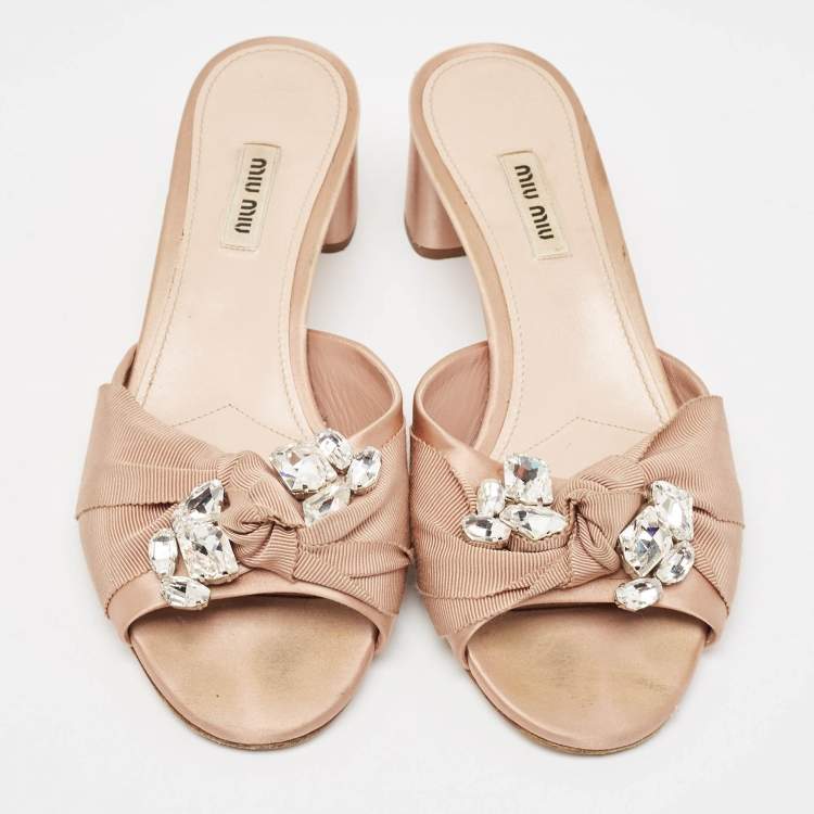 Pre Owned Miu Miu Beige Satin and Canvas Slide Sandals Size 40.5