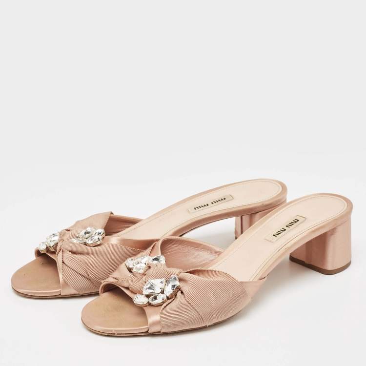 Pre Owned Miu Miu Beige Satin and Canvas Slide Sandals Size 40.5