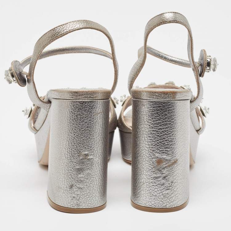Pre Owned Miu Miu Silver Leather  Crystal Embellished Ankle Wrap Sandals Size 40