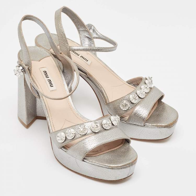 Pre Owned Miu Miu Silver Leather  Crystal Embellished Ankle Wrap Sandals Size 40