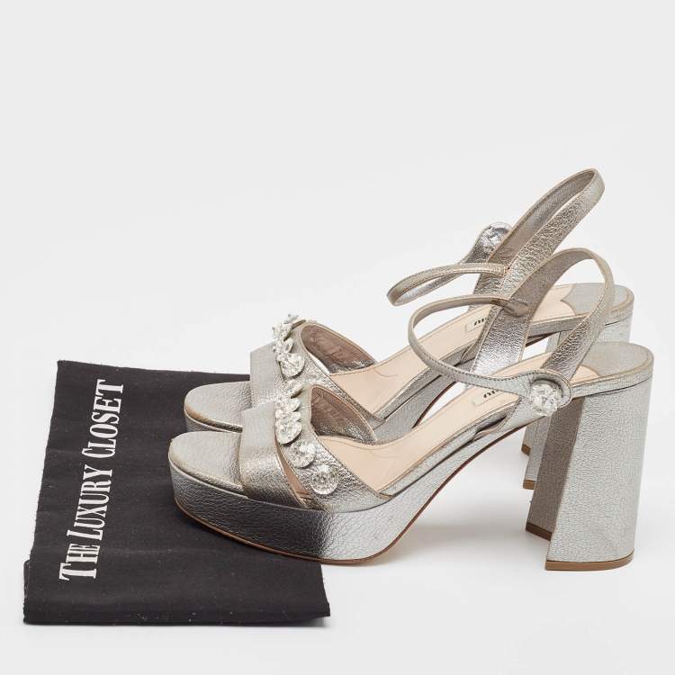 Pre Owned Miu Miu Silver Leather  Crystal Embellished Ankle Wrap Sandals Size 40