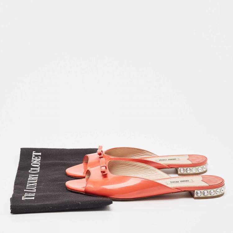 Pre Owned Miu Miu Orange Patent Flat Slides Size 38 