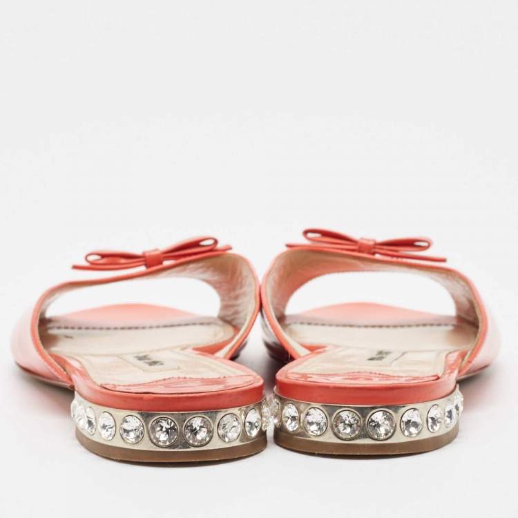 Pre Owned Miu Miu Orange Patent Flat Slides Size 38 